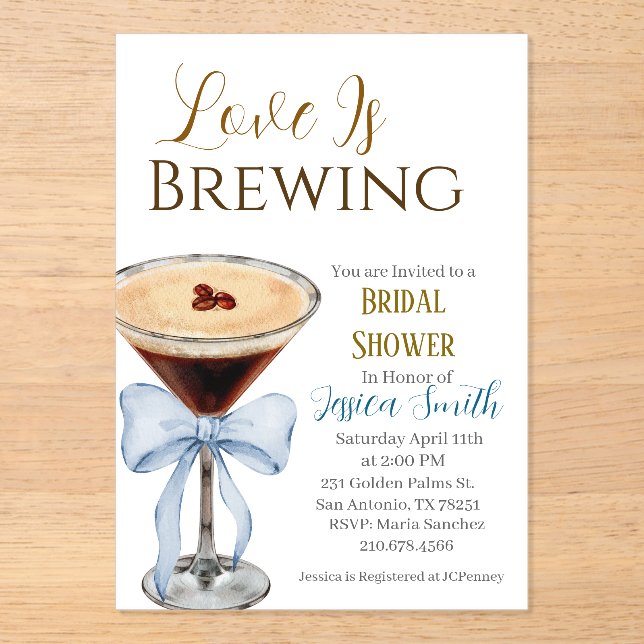 Invitaciones Acrílicas Love is Brewing Blue Bridal Shower Invitation  (Anverso)