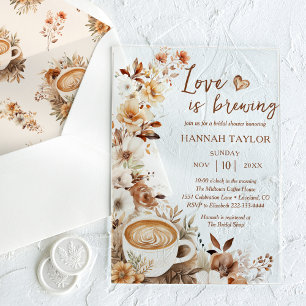 Invitaciones Acrílicas Love Is Brewing Boho Desayuno de Boda de Café