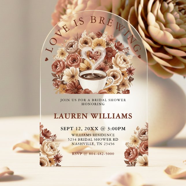 Invitaciones Acrílicas Love is Brewing Brown Floral Coffee Heart Bridal (Subido por el creador)