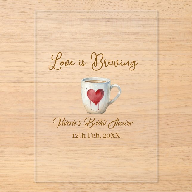 Invitaciones Acrílicas Love is Brewing white coffee mug heart bridal show (Anverso)