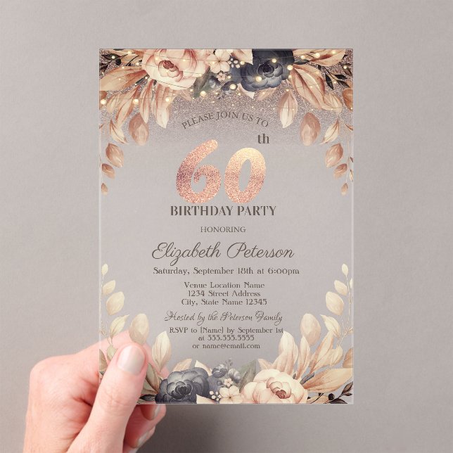 Invitaciones Acrílicas Luces de Cadenas Florales Elegantes Cumpleaños 60 (Insitu (portátil))