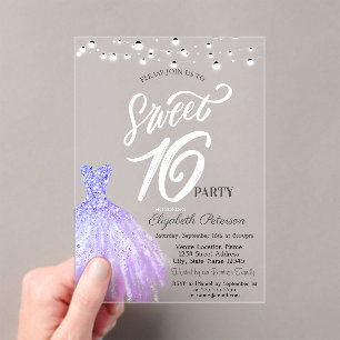 Invitaciones Acrílicas Luces de Cuerda Elegantes Vestido Violeta Sweet 16