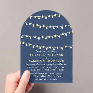 Invitaciones Acrílicas Luces de Cuerda Modernas, Boda Amarillas y Blancas