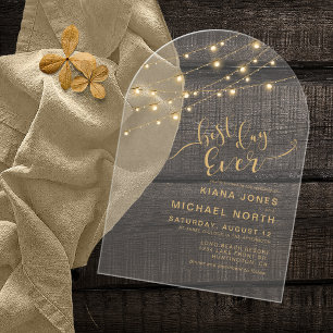 Invitaciones Acrílicas Luces de Cuerda Modernas Mejor Día de la Vida Oro