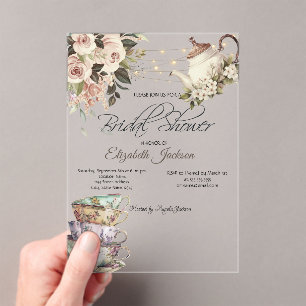 Invitaciones Acrílicas Luces de Juego de Té Rosas Despedida de Soltera