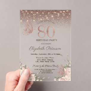 Invitaciones Acrílicas Luces, Flores Brillo Mariposas Cumpleaños 80