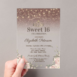 Invitaciones Acrílicas Luces, Flores Rosadas Brillan Dulces 16