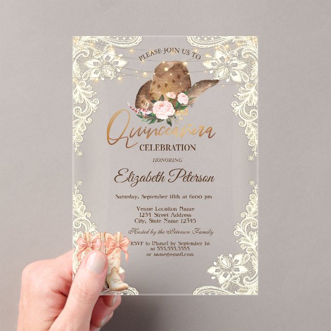 Invitaciones Acrílicas Luces Rústicas Lace Cowboy Gorras Boots Quinceañer (Insitu (portátil))