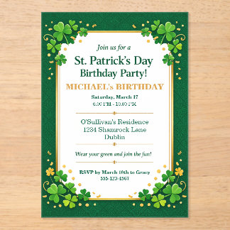 Invitaciones Acrílicas Lucky Green Gold Festive Shamrock Clover Birthday 