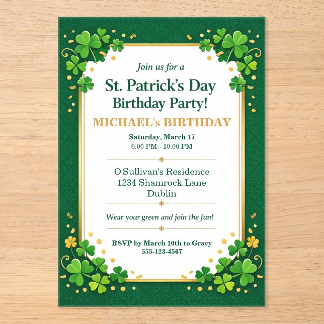 Invitaciones Acrílicas Lucky Green Gold Festive Shamrock Clover Birthday  (Anverso)