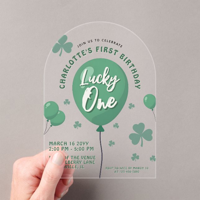 Invitaciones Acrílicas Lucky One 1st Birthday St Patricks Day Balloon (Insitu (portátil))
