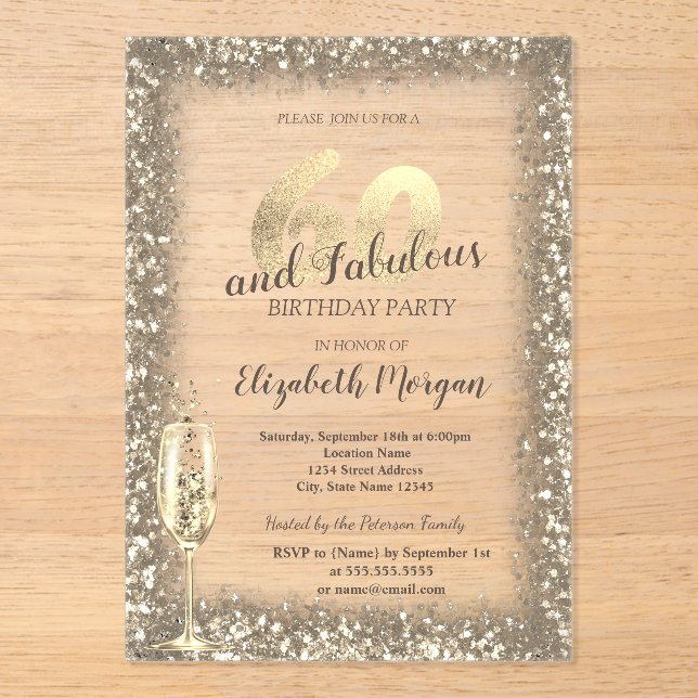 Invitaciones Acrílicas Lujo Champagne Glass Gold Confetti Frame 60 (Anverso)