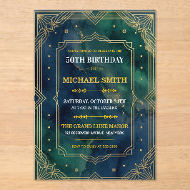 Invitaciones Acrílicas Lujo Cumpleaños 50 Esmeralda Verde Dorado Art Déco