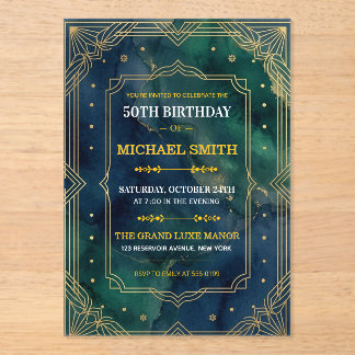 Invitaciones Acrílicas Lujo Cumpleaños 50 Esmeralda Verde Dorado Art Déco