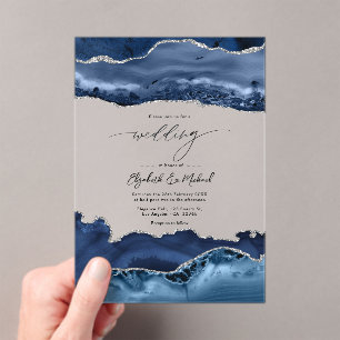 Invitaciones Acrílicas Lujo Falso Brillo Azul Marino y Plata Agata Boda