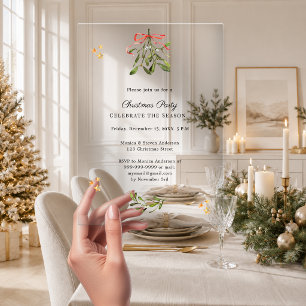 Invitaciones Acrílicas Lujo fiesta de Navidad con lazo rojo de muérdago