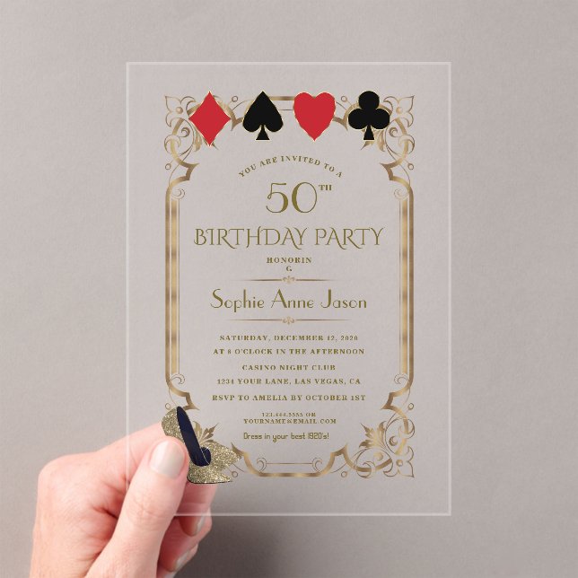 Invitaciones Acrílicas Lujo Vegas Gold Art Deco Casino Poker Cumpleaños (Insitu (portátil))