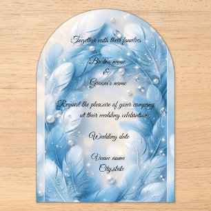 Invitaciones Acrílicas Lujosa boda arco de plumas azules y diamantes