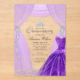 Invitaciones Acrílicas Lujoso Princesa Morada Esparkle Quinceanera