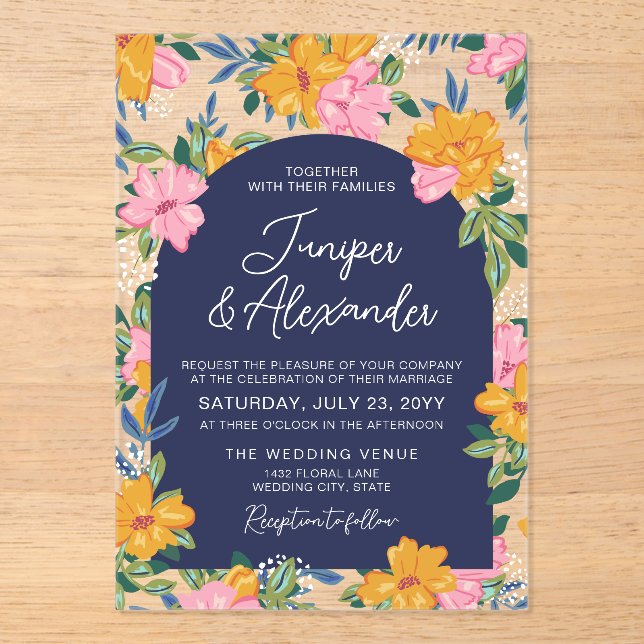 Invitaciones Acrílicas Lush Pink Yellow Flowers Dark Blue Wedding (Anverso)