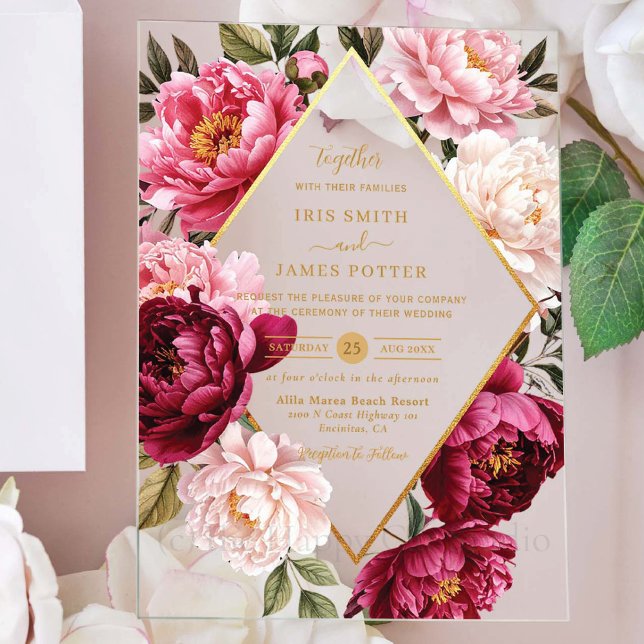 Invitaciones Acrílicas Luxe Burgundy and Blush Pink Peony Floral Wedding (luxe burgundy pink blush peonies floral flowers modern diamond wedding acrylic invitation)