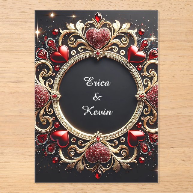 Invitaciones Acrílicas Luxurious Wedding Gold Frame With Red Hearts (Anverso)