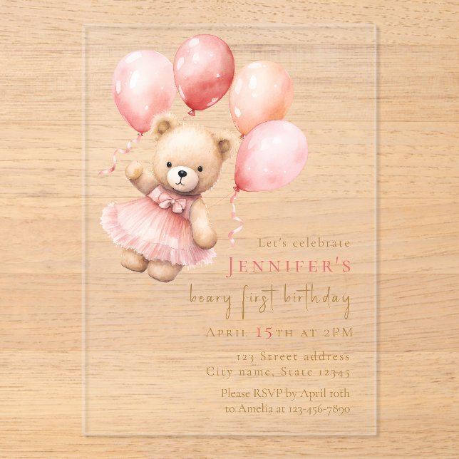 Invitaciones Acrílicas Luxury Acrylic Beary First Birthday Invitation  (Anverso)