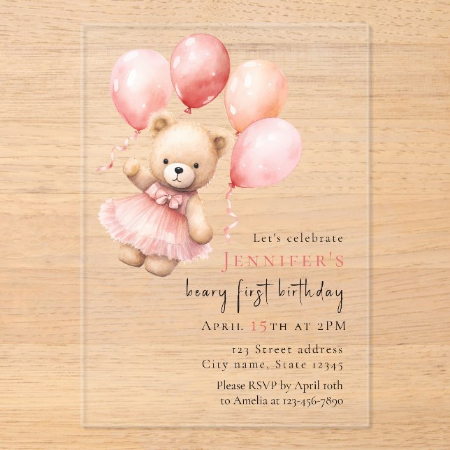 Invitaciones Acrílicas Luxury Acrylic Teddy Bear Girl 1st Birthday (Anverso)