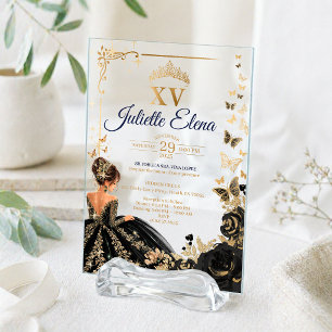 Invitaciones Acrílicas Luxury Black & Gold Quinceañera Invitation