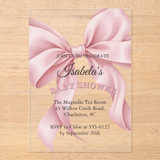 Invitaciones Acrílicas Luxury Coquette Pink Bow Baby Shower Girl Acrylic (Anverso)