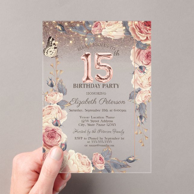 Invitaciones Acrílicas Luxury Floral,Butterfly,Lights 15th Birthday  (Insitu (portátil))