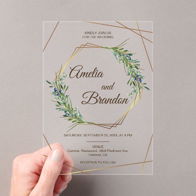 Invitaciones Acrílicas Luxury Greenery Berry Geometric Gold Wedding  (Insitu (portátil))