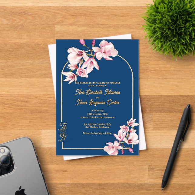 Invitaciones Acrílicas Luxury Navy Blue Gold Arch Magnolia Wedding (Insitu (Tarjeta de Invitación))