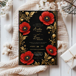 Invitaciones Acrílicas Luxury Red Poppy Black and Gold Floral Elegant