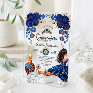 Invitaciones Acrílicas Luxury Royal Blue & Gold Quinceañera Masquerade