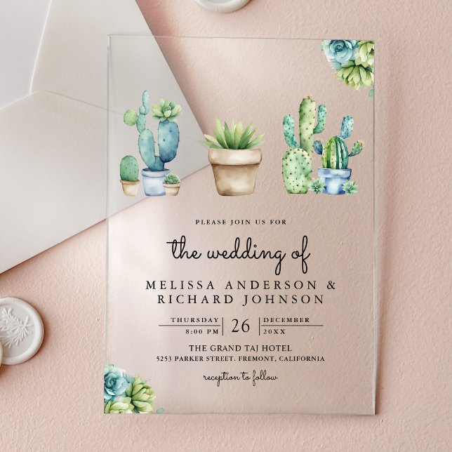 Invitaciones Acrílicas Maceteros de Cactus Verde Suculento Boda (Subido por el creador)