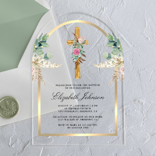 Invitaciones Acrílicas Madera Cruz Dorada Arco Pampas Eucalipto Bautismo