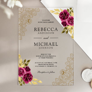 Invitaciones Acrílicas Magenta Fucsia Floral Encaje Boda