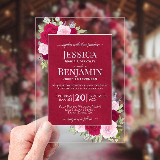 Invitaciones Acrílicas Magenta & Pink Boho Roses Stylish Text Wedding (Clear Acrylic with Rectangle Cut)