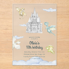 Invitaciones Acrílicas Magical Castle Cute Dragons Kids Birthday