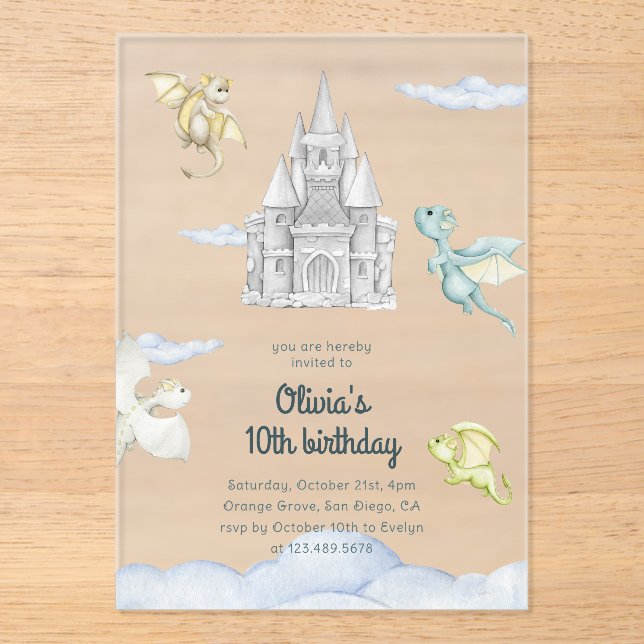 Invitaciones Acrílicas Magical Castle Cute Dragons Kids Birthday (Anverso)