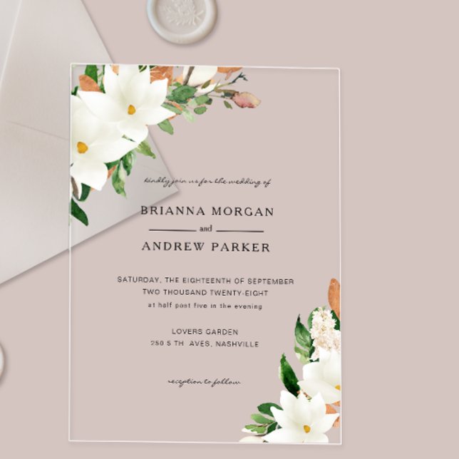 Invitaciones Acrílicas Magnífica Magnolia Floral (Elegant Floral Magnolia Acrylic Invitations)