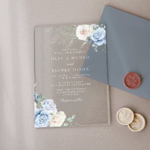 Invitaciones Acrílicas Magnífico Boda Floral Azul y Blanca Botánica