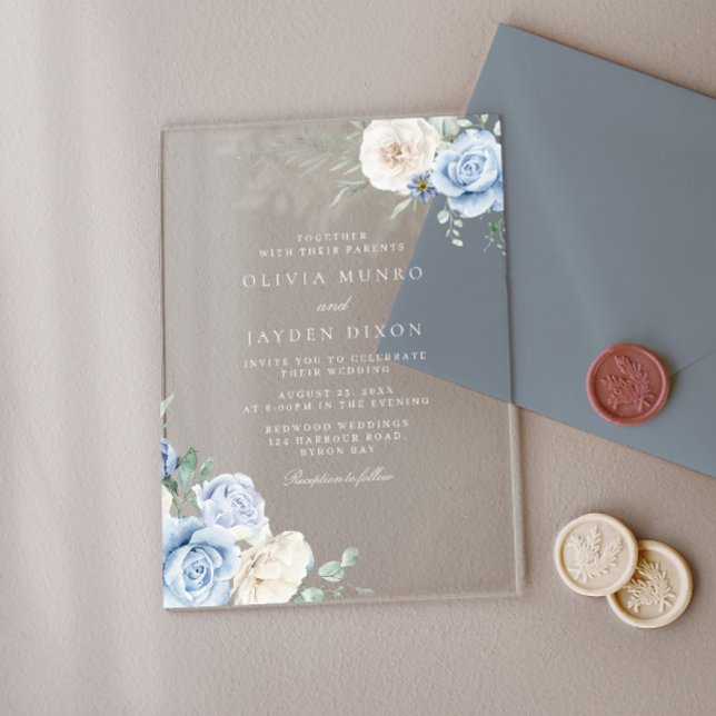 Invitaciones Acrílicas Magnífico Boda Floral Azul y Blanca Botánica (Subido por el creador)