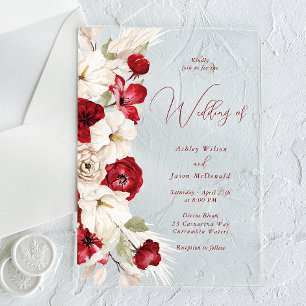 Invitaciones Acrílicas Magnífico Boda floral rojo y blanco con escritura 