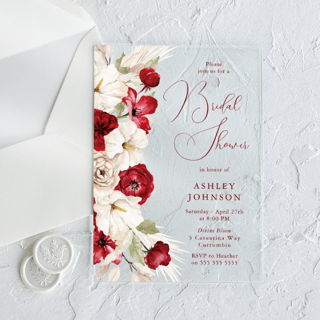 Invitaciones Acrílicas Magnífico guión de ducha de novias con flores roja (Subido por el creador)