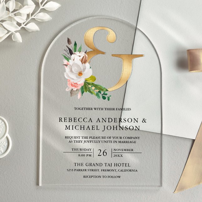 Invitaciones Acrílicas Magnolia Floral Gold Ampersand Wedding (Subido por el creador)