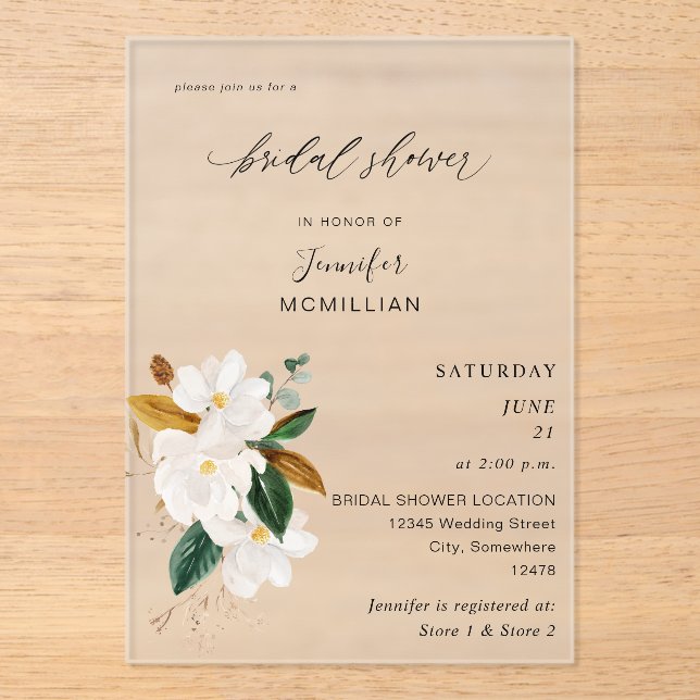 Invitaciones Acrílicas Magnolia White Floral Bridal Shower (Anverso)