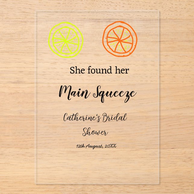 Invitaciones Acrílicas Main Squeeze lemon citrus bridal shower add name d (Anverso)