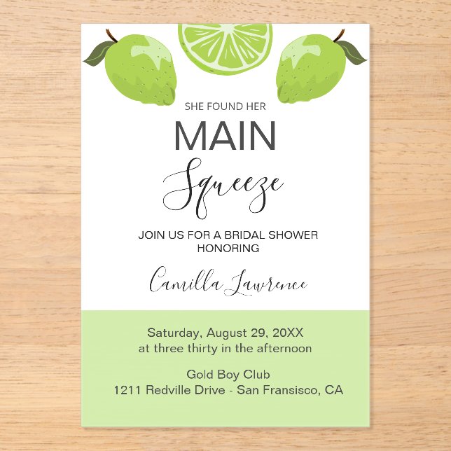 Invitaciones Acrílicas Main Squeeze Tropical Citrus Green Bridal Shower  (Anverso)